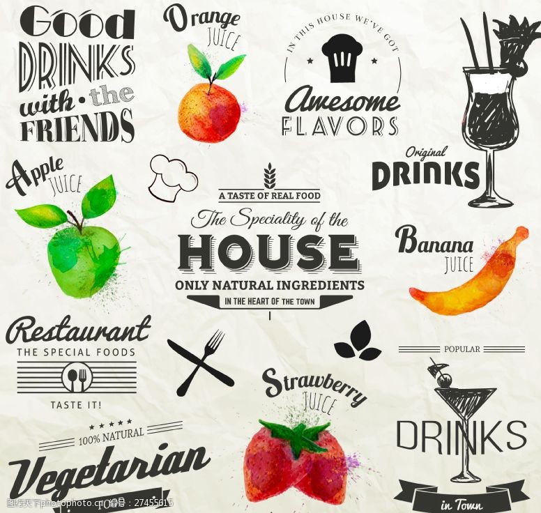 果汁水果标签11款水彩餐厅与果汁标签矢量图