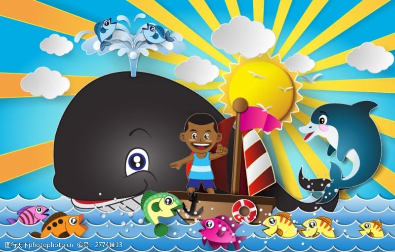 儿童海盗船卡通航海儿童和鱼矢量素材