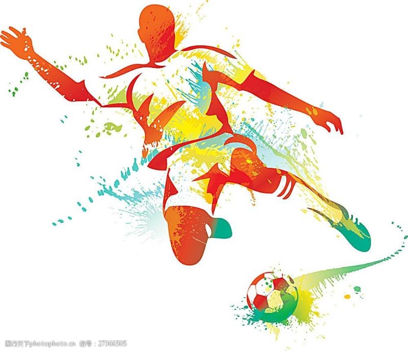 世界杯主题矢量水墨喷溅与足球运动员插画