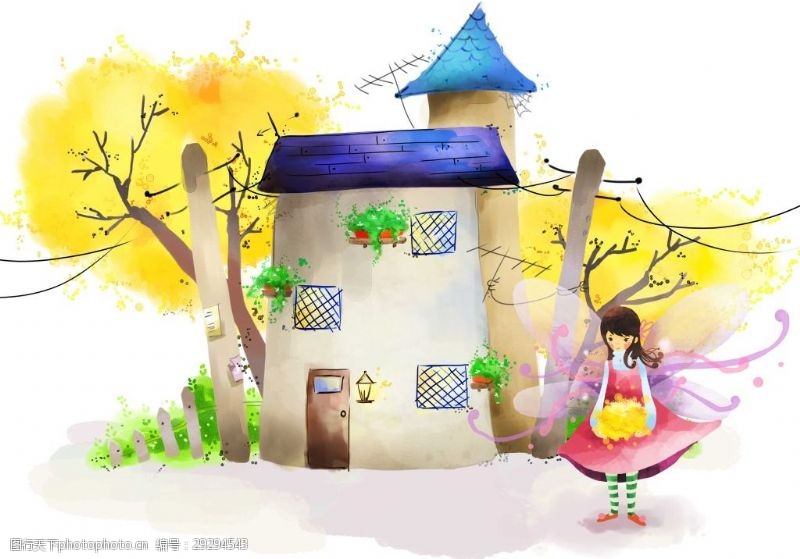 tua房子树木与小女孩插画PSD分层素材