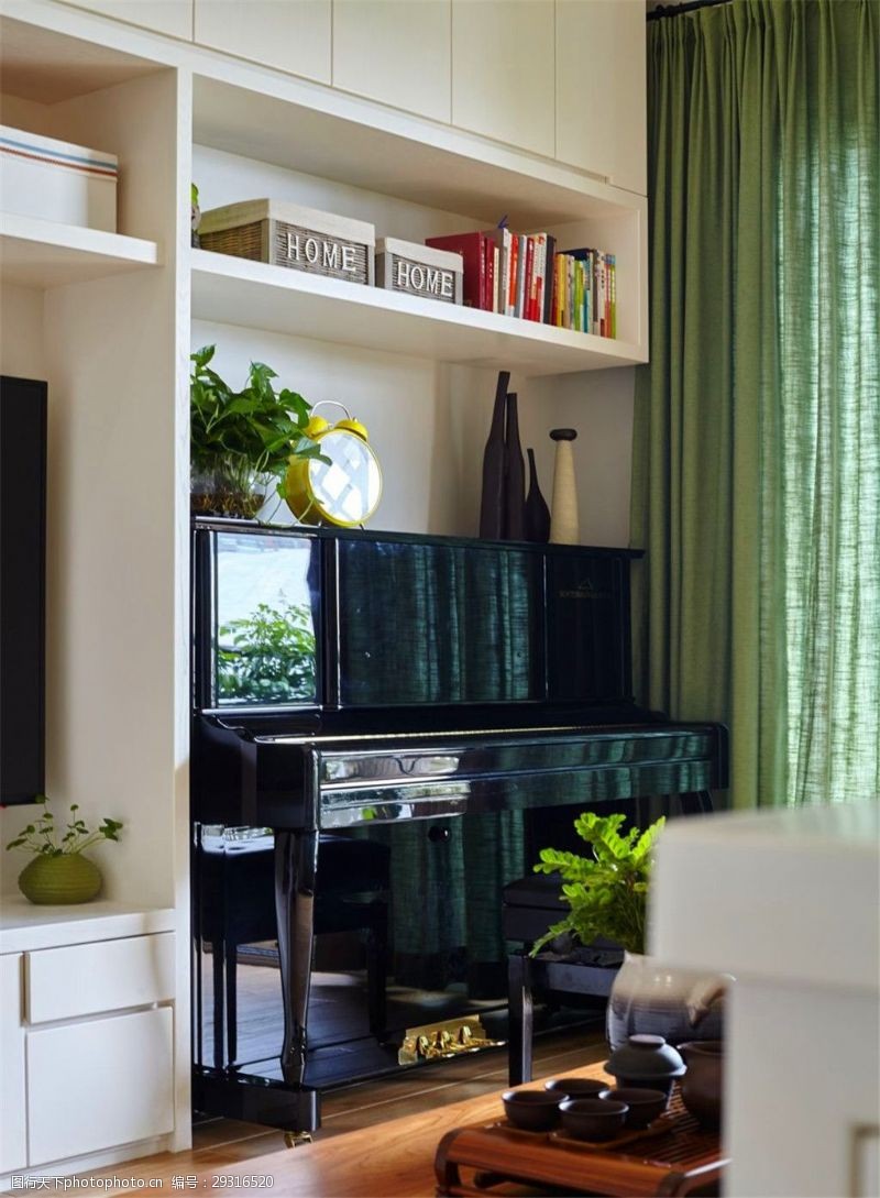 简约客厅绿色窗帘装修效果图