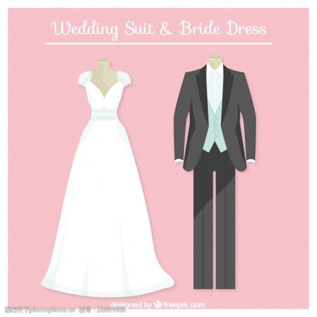 婚纱和西服可爱的婚礼服和新娘礼服