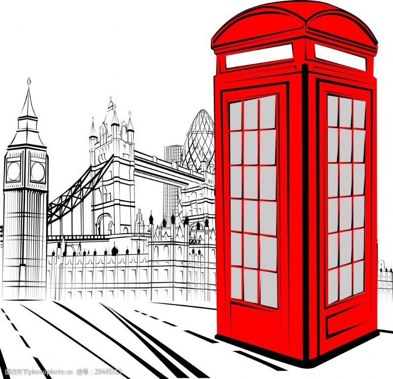 电话亭插画时尚手绘红色电话亭和建筑