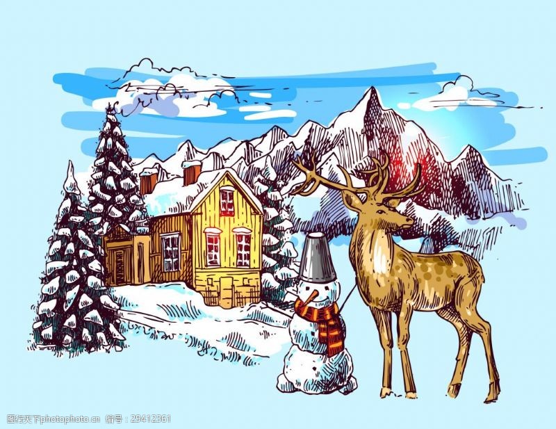 冬天里的房子手绘冬天里的驯鹿和雪人插画