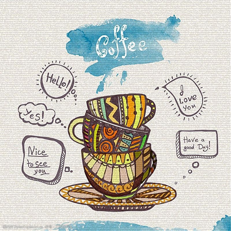 咖啡杯矢量图下载手绘民族风咖啡杯