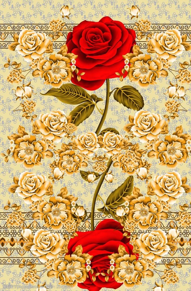 玫红牡丹黄金花卉图案