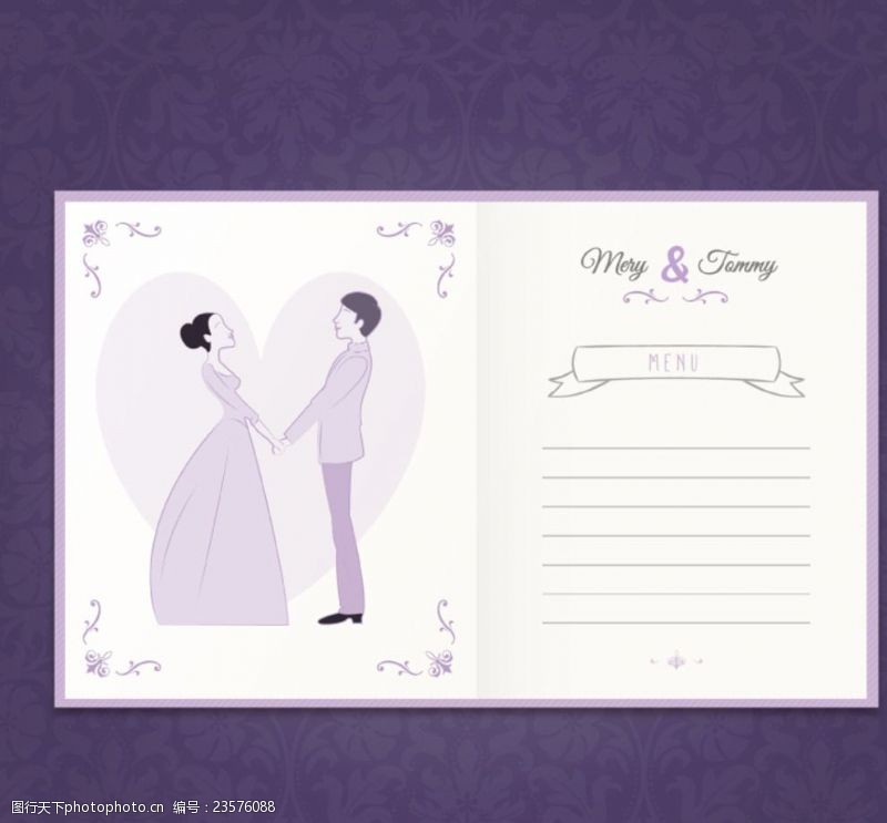 男士背心紫色婚礼菜单设计矢量图
