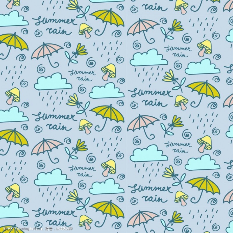 蘑菇卡通平铺卡通雨伞雨天背景