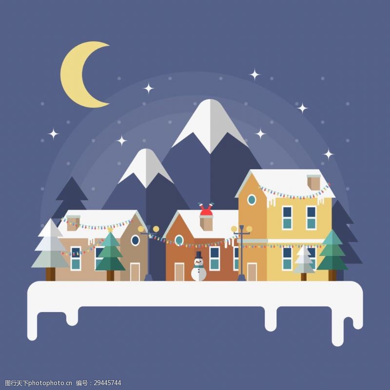 冬天里的房子冬夜村庄里的风景插画