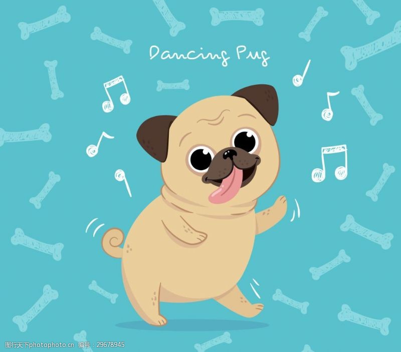 卡通宠物矢量快乐的哈巴狗跳舞
