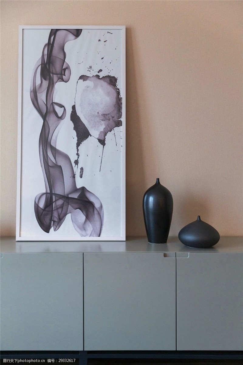 时尚灰色装饰画现代时尚客厅深灰色电视柜室内装修效果图