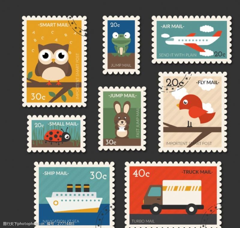 交通小报旅行与动物邮票矢量图