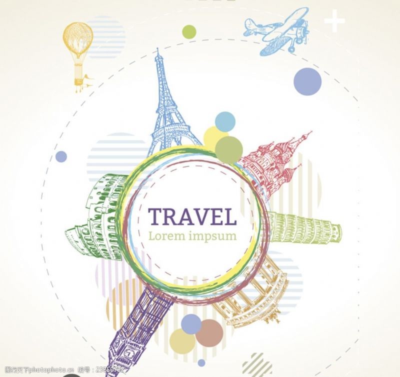 旅行矢量素材彩绘环球旅行标签矢量素材